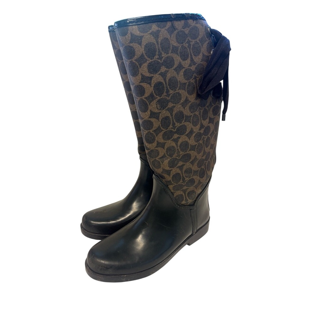 Coach Brown Signsture patterned Tall Rain Boots Lace up back Y2K VTG Sz 9 bow